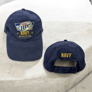 The NAVY Miller Lite Hat Baseball Blue Cap Adjustable Embroided Salute gold logo